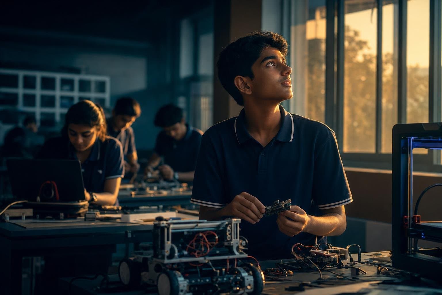 Student in a school Composite Skill Lab holding a circuit board, looking up into golden evening light, with classmates working at robotics benches behind
